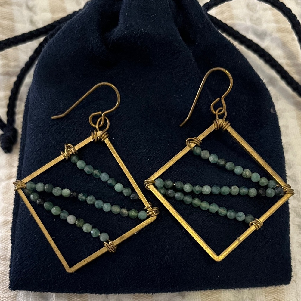 Chic Gold and Green Beaded Square Earrings